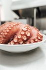 Appetitlich frisch zubereiteter Riesen-Pazifik-Krake in weißer Schüssel serviert und in der Küche auf den Tisch gestellt — Stockfoto