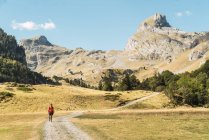 Remote view of hiker walking along sandy road during travel on sunny day in Pyrenees mountains — Stock Photo