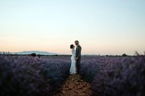 Vue latérale du couple romantique nouvellement marié debout face à face sur un champ spacieux contre le ciel violet coucher de soleil — Photo de stock