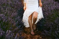 Crop anonymous woman in white wedding dress walking in blossoming lavender field on wedding day — Stock Photo