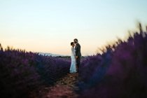 Vista laterale di romantica coppia di sposi in piedi faccia a faccia su ampio campo contro il cielo viola tramonto — Foto stock