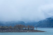 Paisagem de lago de montanha, borda rochosa e carvalhos em um dia nebuloso no inverno. — Fotografia de Stock