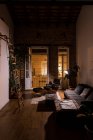 Intérieur du salon avec plantes vertes en pot et canapé confortable dans un appartement de style loft la nuit — Photo de stock