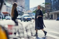 Side view of blonde stylish young female partners in trendy apparel strolling on asphalt road in city — Stock Photo