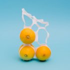 Bright whole ripe and juicy lemons between thin plastic pack rings with holes — Stock Photo