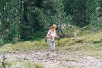 Full body concentrated adult mature female in casual wear practicing pole walking and going up on stony path on hill slope in summer nature — Stock Photo
