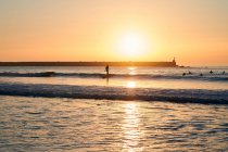 Siluetas de personas nadando y surfeando en olas de mar bajo un sol brillante que brilla en el cielo al atardecer - foto de stock