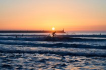Silhuetas de pessoas nadando e surfando em ondas de mar sob sol brilhante brilhando no céu do pôr-do-sol — Fotografia de Stock