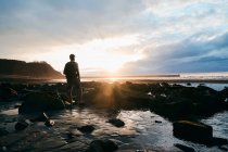 Visão traseira corpo inteiro de turista masculino irreconhecível com mochila em pé em pedregulhos da costa molhada e desfrutando de vista para o mar — Fotografia de Stock