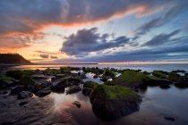 Picturesque view of boulders covered with moss on sandy beach of sea under cloudy sunset sky — Stock Photo