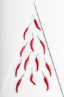 Высокоугловой состав горячего красного перца чили расположены пластины на белом геометрическом фоне поверхности — стоковое фото