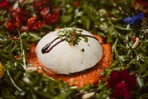Leckerer Burrata auf kalter Tomatencreme mit Rucolablättern und Kirschtomaten mit Trüffeln und Erdnüssen — Stockfoto
