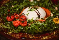 Golosa burrata su crema di pomodoro fredda con foglie di rucola e pomodorini con tartufo e arachidi — Foto stock