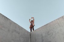 From below of young bearded male skater standing on high concrete ramp in skatepark with skateboard above head and looking away — Fotografia de Stock