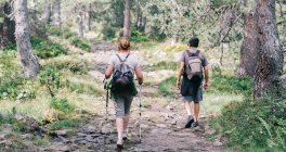 Back view of anonymous backpackers walking on mountain during summer trip — Stock Photo