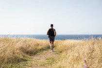 М'язистий чоловічий бігун біжить по шляху на лузі під час тренувань на фоні моря влітку — стокове фото