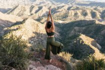Back view of unrecognizable dark haired female standing on top of rocky mountain and doing Tree with Arms Up pose — Stock Photo
