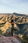 Vue arrière d'une femme aux cheveux foncés méconnaissable debout sur le sommet d'une montagne rocheuse et faisant la pose Tree with Arms Up — Photo de stock