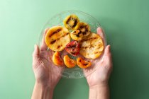 Woman hands holding grilled fruit plate on green background — Foto stock
