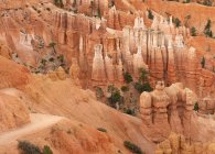 Paesaggio pittoresco di alte formazioni rocciose con vegetazione verde rara situato nel terreno desertico nel canyon di Bryce con arenaria negli Stati Uniti — Foto stock