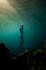 Seitenansicht einer schlanken Frau in Badeanzug und Schwimmflossen, die unter Wasser im türkisfarbenen Meer schwimmt — Stockfoto