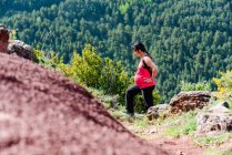 Side view of pregnant female traveler hiking in rocky terrain in highlands during summer vacation on sunny day — Fotografia de Stock
