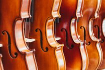 Coleção de violinos acústicos modernos pendurados em rack contra parede branca no estúdio musical de luz contemporânea — Fotografia de Stock