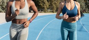 Багаторасові жіночі бігуни в спортивному одязі бігають разом на стадіоні і насолоджуються тренуванням в сонячний день — стокове фото
