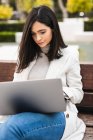 Серйозна жінка-підприємець сидить на лавці в міському парку і друкує на ноутбуці, працюючи дистанційно над бізнес-проектом — стокове фото