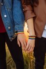 Crop coppia irriconoscibile di donne lesbiche che indossano bracciali arcobaleno teneramente tenendosi per mano mentre in piedi in campo al tramonto — Foto stock