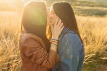Вид збоку молода лесбійська пара стоїть на полі і ніжно цілується із закритими очима — стокове фото