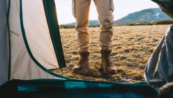 Back view of unrecognizable traveler in warm clothes and backpack standing on grassy terrain near tent during camping trip in highland in sunny morning — Stock Photo