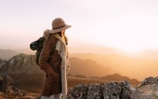Боковой вид на неузнаваемого туриста, стоящего на камне и наблюдающего удивительные пейзажи горной долины в солнечный день — стоковое фото