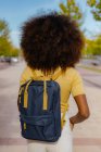Rückseite Schwarze Frau mit Afro-Haaren und einem Rucksack auf dem Rücken — Stockfoto