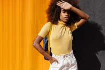 Young ethnic female with Afro hairstyle standing on yellow and black wall and looking at camera — Stock Photo