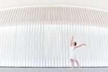 Вид збоку молодої балетної танцівниці в взутті з піднятою ногою і рукою танцює на плитковому тротуарі на відкритому повітрі — стокове фото