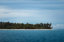 Pintoresca vista de la idílica isla con árboles verdes tropicales en la playa de arena rodeada de mar azul contra el cielo despejado en Indonesia - foto de stock
