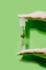 Crop unrecognizable scientist with plant in plastic tube on green background in studio — Photo de stock