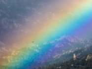 Птица летит сквозь яркую радугу на облачном небе над горным хребтом — стоковое фото