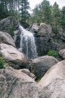 Водопад горной реки, протекающий над большими камнями между деревьями на скалах в ущелье — стоковое фото