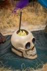 Cráneo de taza tiki polinesia cerámica en forma de paja colocada en medio de hierba seca con valla de madera y plumas de colores sobre fondo borroso - foto de stock