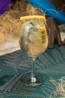 Verre à vin en cristal avec cocktail Martini servi avec zeste de citron et bord d'olives placé contre l'herbe sèche — Photo de stock