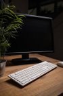 Біла сучасна клавіатура, миша і комп'ютерний монітор розміщені на дерев'яному столі біля зеленого горщика заводу — стокове фото