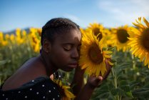 Vista lateral da tranquila afro-americana fêmea delicadamente tocando girassol florescendo enquanto desfruta da natureza no campo no verão — Fotografia de Stock
