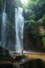 Обратный вид на неузнаваемого путешественника в теплой одежде, стоящего в пруду с протянутыми руками возле живописного водопада Хау Нарок, протекающего через скалистую скалу, покрытую пышной зеленой тропической растительностью — стоковое фото