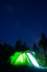 Tenda verde con luce splendente tra le sagome degli alberi sotto il cielo stellato al crepuscolo — Foto stock