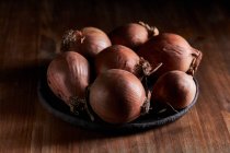 Un mazzo di cipolle fresche non pelate appoggiate su tavola di legno — Foto stock
