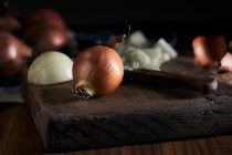 Tigela rústica com pedaços de cebola cortada colocados perto de faca na mesa de madeira na cozinha — Fotografia de Stock