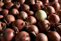 Dall'alto di molte cipolle intere fresche con buccia secca disposta in pila — Foto stock