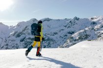 Seitenansicht eines nicht erkennbaren Bergsteigers, der bei sonnigem Wetter am Hang des schneebedeckten Felsgebirges wandert — Stockfoto